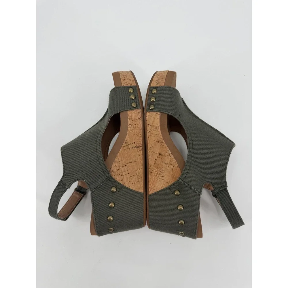 Corkys Carley Olive Green Canvas Cork Wedge Studded Slingback Sandals Womens 7